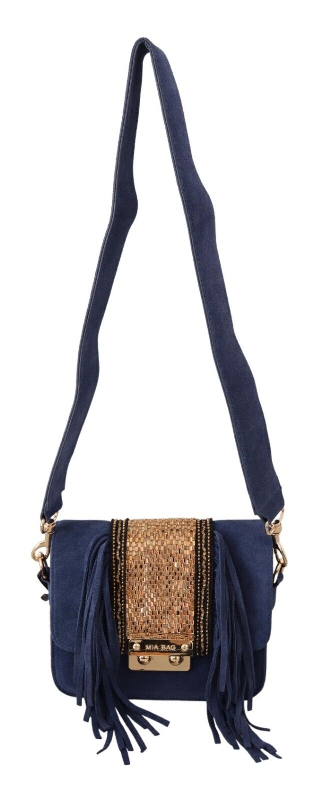MIA Blue Suede Gold Applique Logo Shoulder Handbag Bag - Fizigo