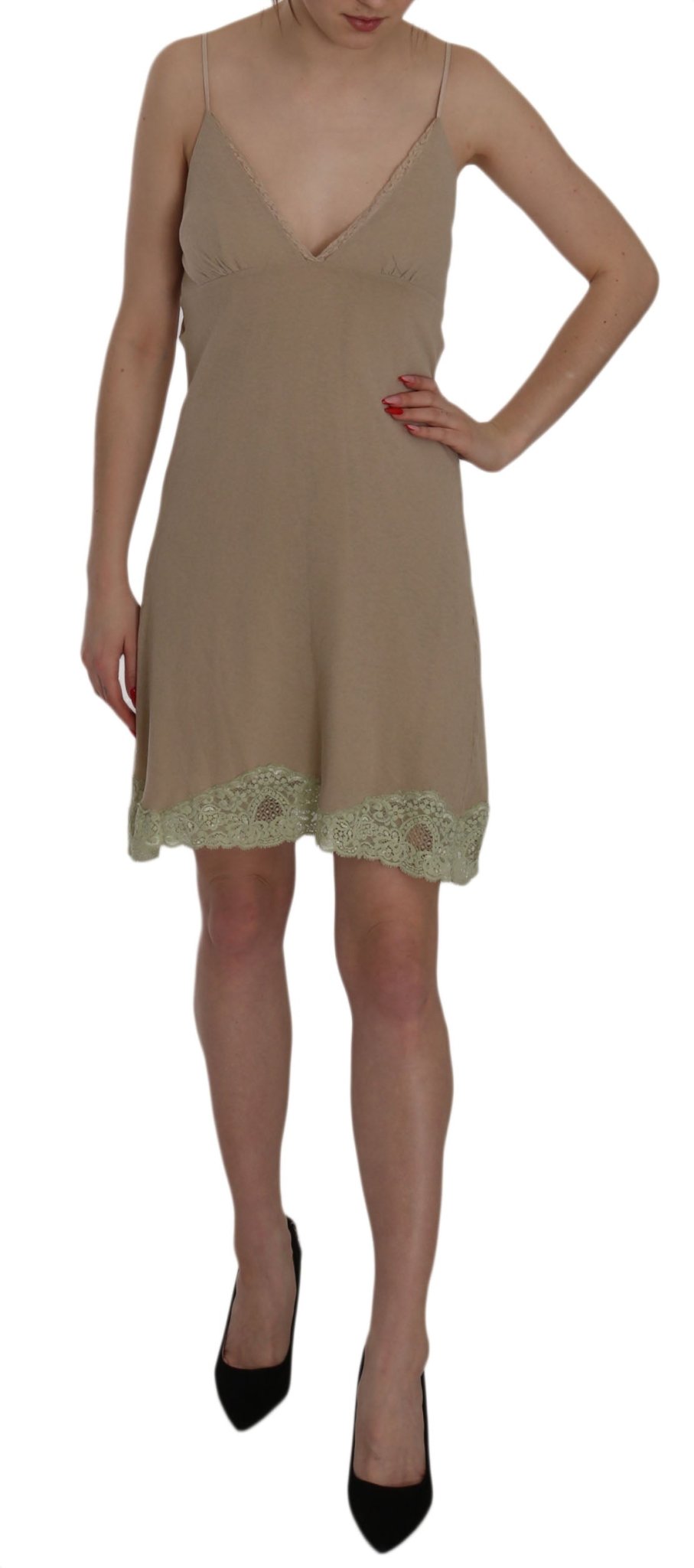 PINK MEMORIES Beige Lace Spaghetti Strap Mini Cotton Dress - Fizigo
