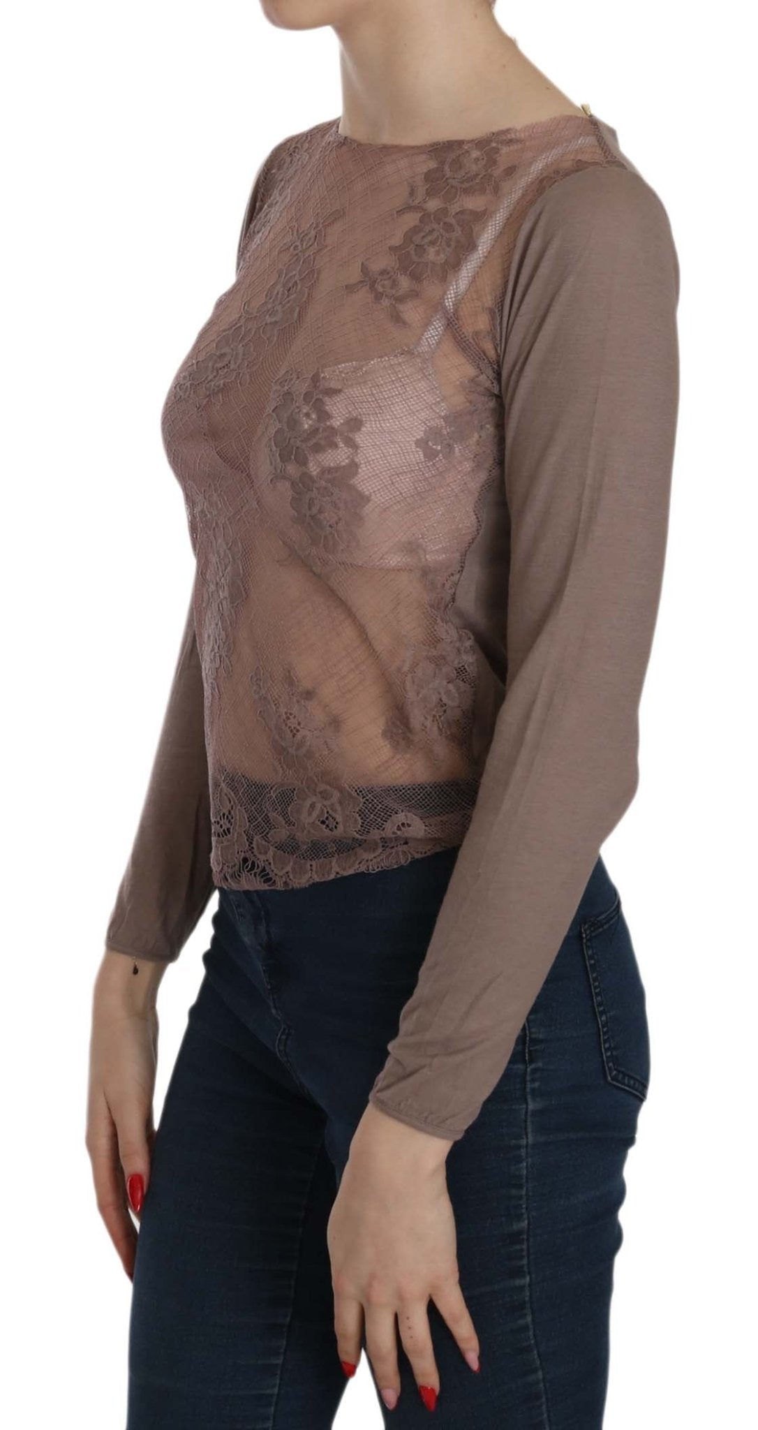 PINK MEMORIES Brown Lace See Through Long Sleeve Top - Fizigo