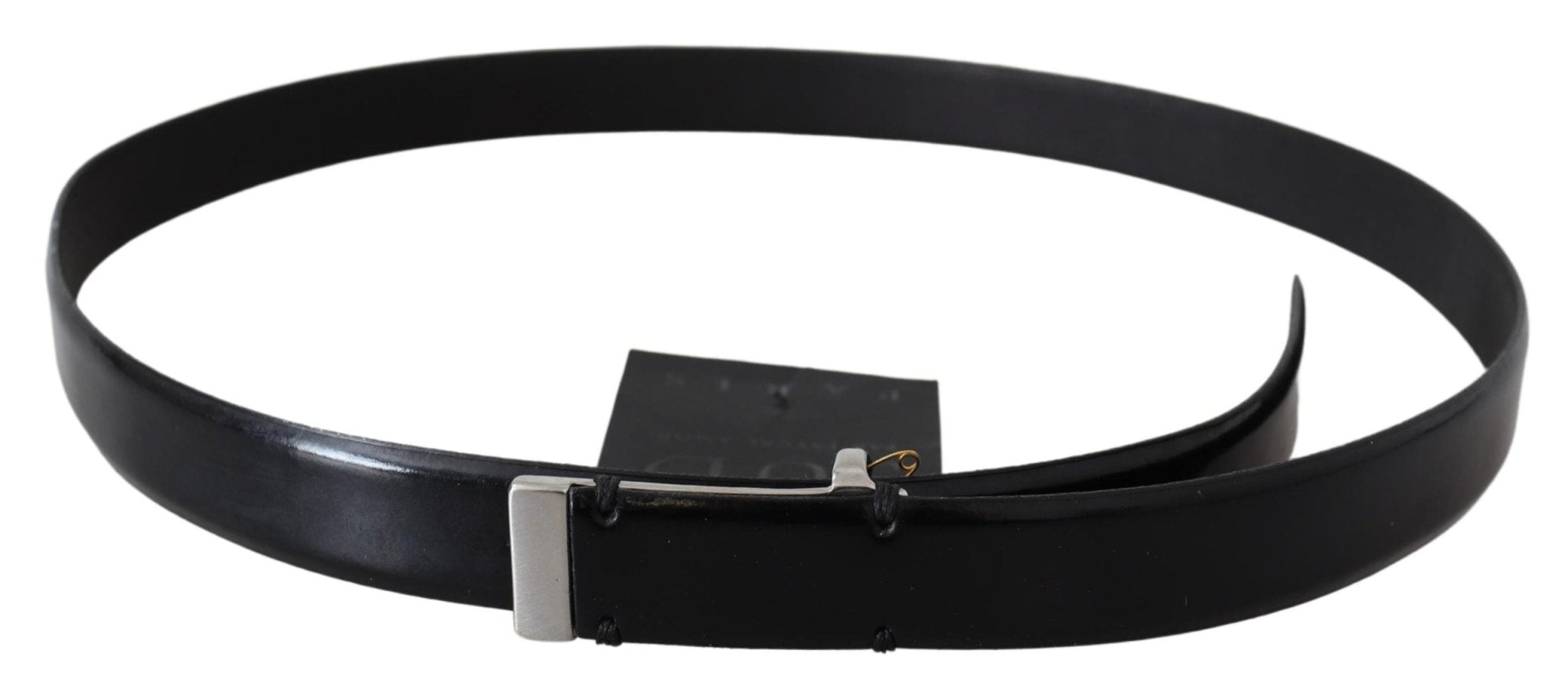 PLEIN SUD Black Leather Silver Chrome Metal Buckle Belt - Fizigo