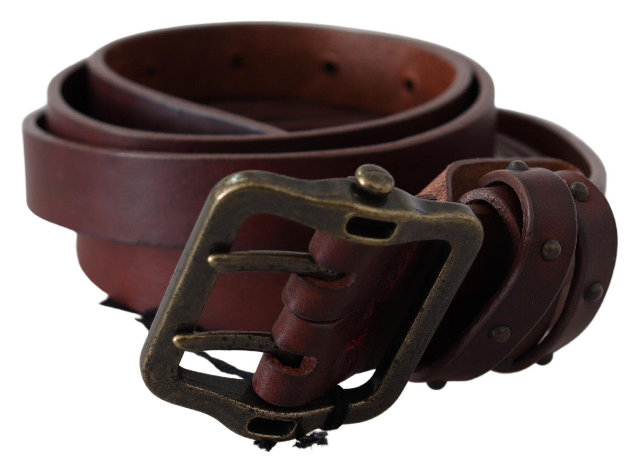 PLEIN SUD Brown Leather Rustic Bron ze Metal Buckle Belt - Fizigo