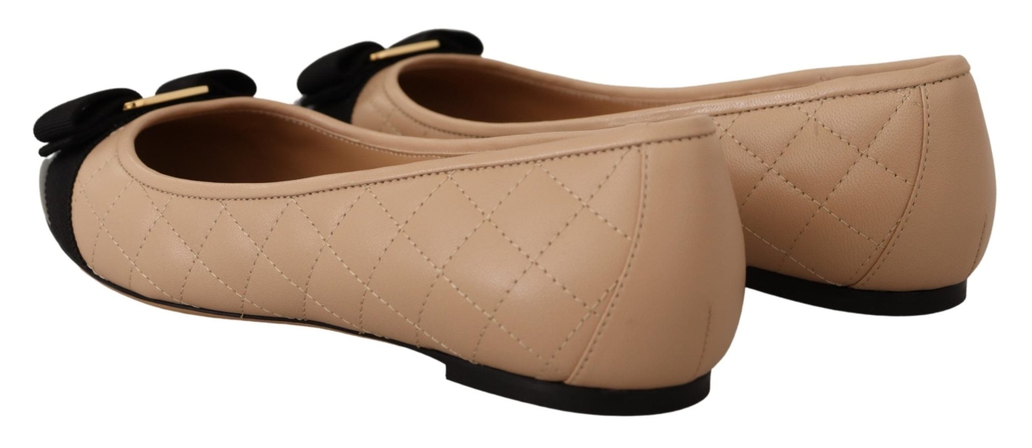 Salvatore Ferragamo Beige and Black Nappa Leather Ballet Flat Shoes - Fizigo